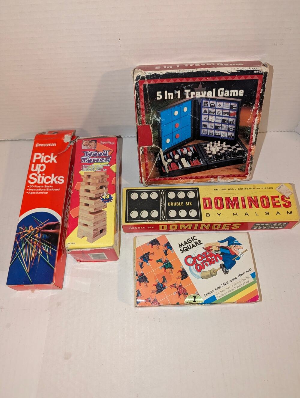 Lot Vintage Travel Board Game 5 in 1 Magnetic Set Pick Up Sticks Dominos Tower